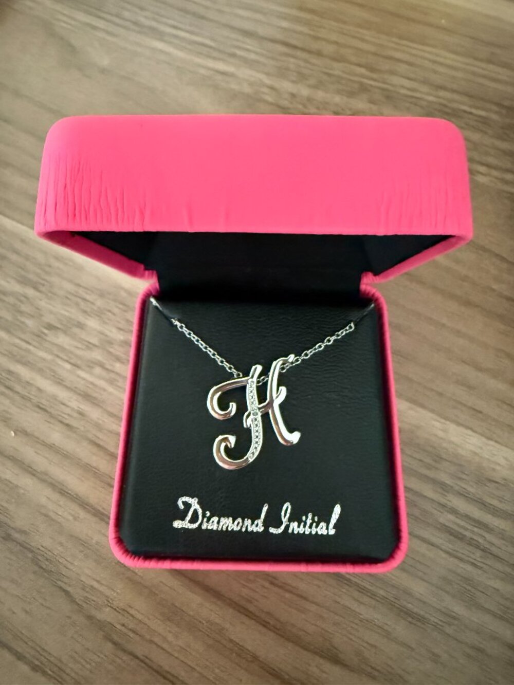 NIB Macy's Diamond Accent Initial Pendant H Necklace 18" in Silver Plate